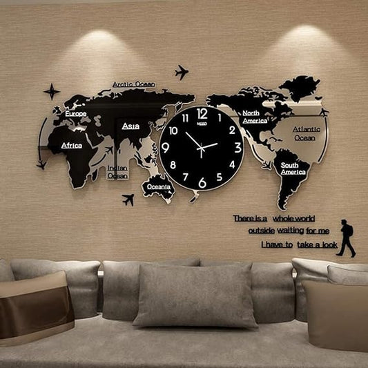 Acrylic World Map Wall Clock Black , ساعة حائط أكريليك بخريطة العالم باللون الأسود